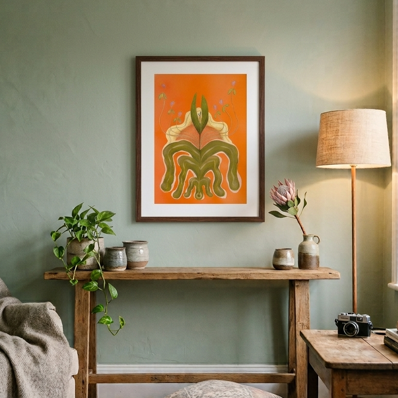 A framed abstract art print featuring a green and yellow organic shape on an orange background, hung on a sage green wall above a rustic wooden console table in a styled living room.